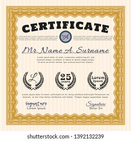 Orange Sample Diploma. Nice design. With guilloche pattern. Vector illustration. 
