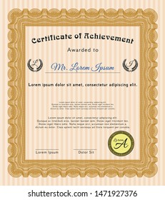 Orange Sample Diploma. Nice design. Vector illustration. With guilloche pattern and background. 