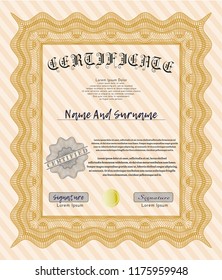 Orange Sample Diploma. Perfect design. With great quality guilloche pattern. Vector illustration. 