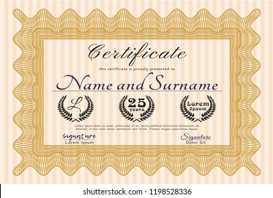 Orange Sample Diploma. Retro design. Customizable, Easy to edit and change colors. With guilloche pattern and background. 