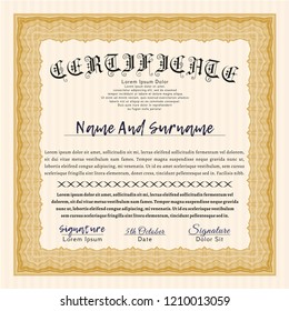 Orange Sample Diploma. Retro design. Vector illustration. With great quality guilloche pattern. 