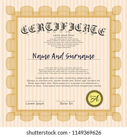 Orange Sample Diploma. Vector illustration. With guilloche pattern and background. Money design. 