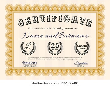 Orange Sample Diploma. Vector illustration. With complex background. Perfect design. 