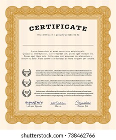 Orange Sample Diploma. Vector illustration. With background. Lovely design. 