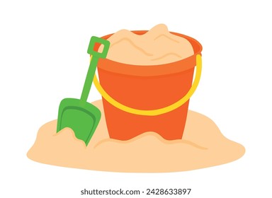 Orange sand bucket with yellow shovel in beach. concept of children's summer vacation. flat vector illustration isolated on white background