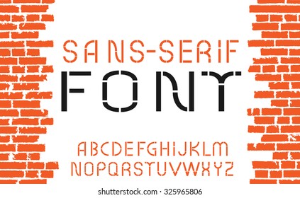 Orange sans-serif modern font on old brick wall background. Vector illustration