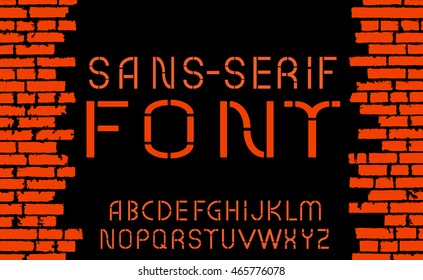 Orange sans-serif modern font on old brick wall background. Vector illustration