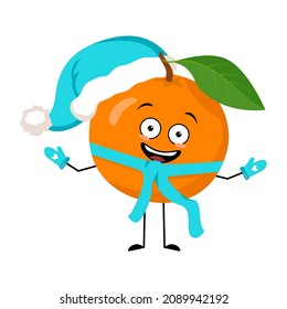 Orange Santa character with happy emotion, joyful face, smile eyes, arms and legs with scarf and mittens. Citrus person with expression, red fruit for Christmas and New year. Vector illustration