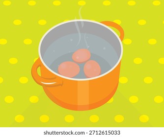 Orange saucepan with water and eggs inside. Preparing boiled eggs