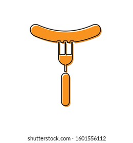 Orange Sausage on the fork icon isolated on white background. Grilled sausage and aroma sign.  Vector Illustration