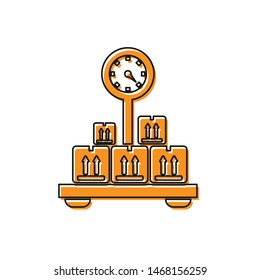 Orange Scale with cardboard box icon isolated on white background. Logistic and delivery. Weight of delivery package on a scale.  Vector Illustration