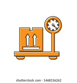 Orange Scale with cardboard box icon isolated on white background. Logistic and delivery. Weight of delivery package on a scale.  Vector Illustration