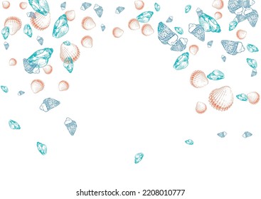 Orange Scallop Background White Vector. Clam Drawn Set. Drawing Illustration. Blue Seashell Maritime Pattern.