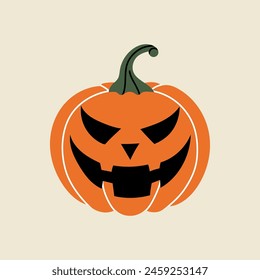 Orange scary pumpkin with smile, Halloween element in modern flat, line style. Hand drawn illustration