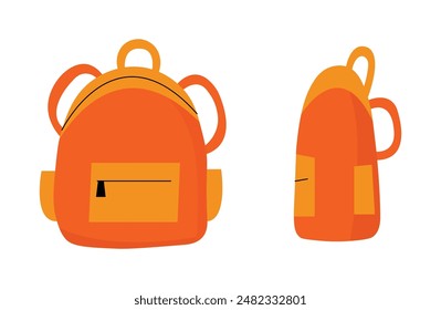 Orange Schultasche flache Illustration Front- und Seitenansicht mit Reißverschluss, Tasche und Riemen, trendy