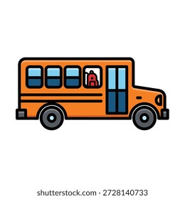 Autobús escolar naranja con mochila roja visible a través de la ventana concepto de transporte de Ilustración vectorial simple