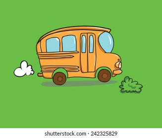 orange school bus riding on the green grass. vector