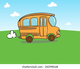 orange school bus riding on the green grass