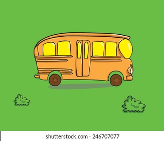 orange school bus riding on the green grass