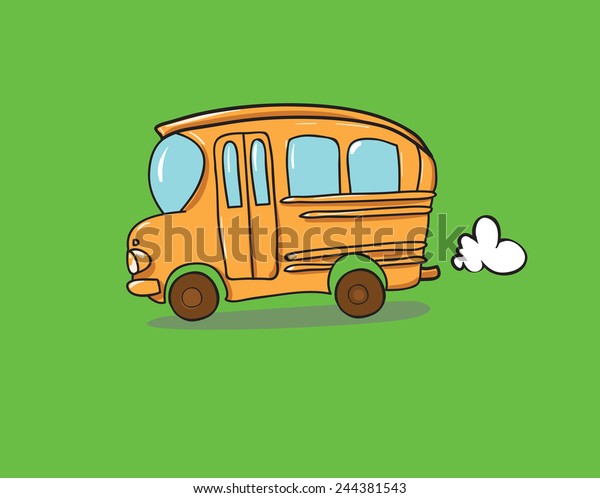 orange school bus\
riding on the green\
grass