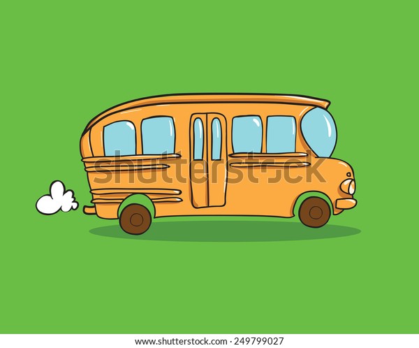 orange school bus\
riding on the green\
grass