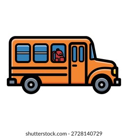 Ilustración vectorial de autobús escolar naranja con contornos negros de vista lateral y pasajero visible a través de la ventana