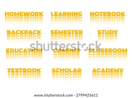 Orange school and study words with soft reflections on a white background, arranged in a clean grid. Education concept image for learning, back to school, academic design.