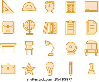 Orange school supplies, illustration, vector, on a white background.