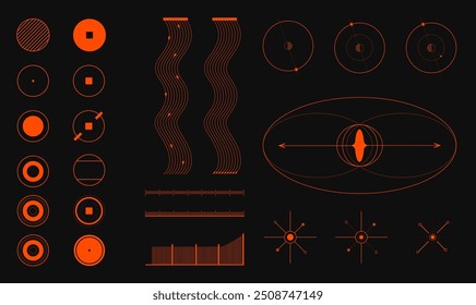 Diagramas científicos laranjas sobre fundo preto, estruturas atômicas, formas de onda e interações de partículas. Mecânica quântica e física atômica. Ciência. Estética moderna, arte minimalista. Design vetorial