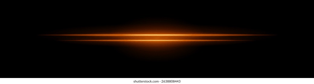 Orange sci-fi beam. Two horizontal glowing lines with central bright core and radial fade. Dark background gives tech feel. Suitable for energy, laser, futuristic design.
