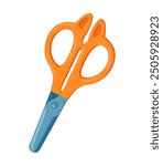 Orange scissors cutting paper. Scissoring school stationery supply. Kid school scissors. Vector cartoon illustration isolated on a white background.