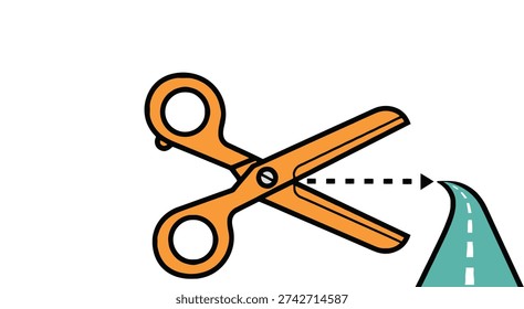 Orange scissors cutting a winding road, symbolizing a significant change, a new direction, or overcoming obstacles. Vibrant vector art.