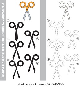 Orange Scissors with different shadows to find the correct one, compare and connect object with it true shadow, the educational kid game with simple gaming level.