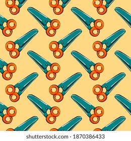 Orange scissors,seamless pattern on yellow background.