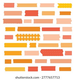 Orange scotch tape icon set, red and pink adhesive tape pieces isolated. Torn sticky stripes, plastic scotch cut collection, vector illustration