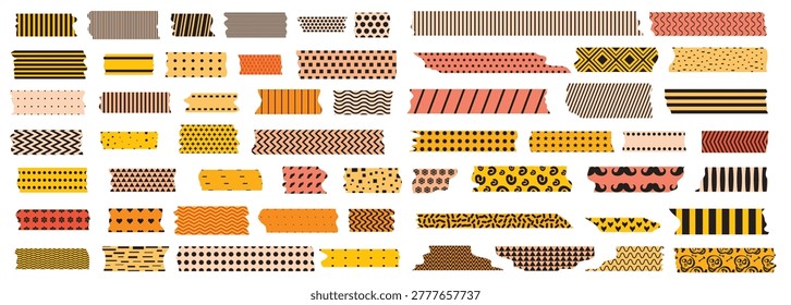 Orange scotch tape icon set, red and pink adhesive tape pieces isolated. Torn sticky stripes, plastic scotch cut collection, vector illustration