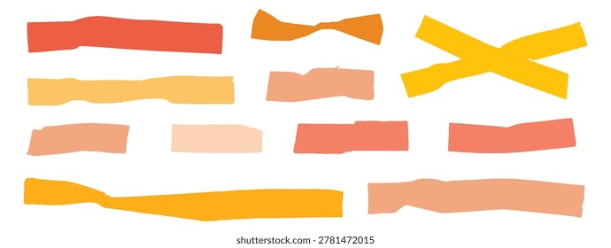 Orange scotch tape icon set, red and pink adhesive tape pieces isolated. Torn sticky stripes, plastic scotch cut collection, vector illustration