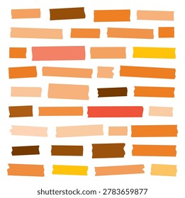 Orange scotch tape icon set, red and pink adhesive tape pieces isolated. Torn sticky stripes, plastic scotch cut collection, vector illustration