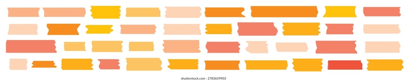Orange scotch tape icon set, red and pink adhesive tape pieces isolated. Torn sticky stripes, plastic scotch cut collection, vector illustration