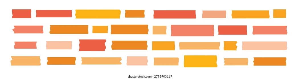 Orange scotch tape icon set, red and pink adhesive tape pieces isolated. Torn sticky stripes, plastic scotch cut collection, vector illustration