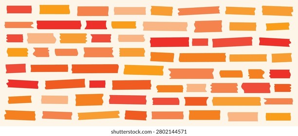 Orange scotch tape icon set, red and pink adhesive tape pieces isolated. Torn sticky stripes, plastic scotch cut collection, vector illustration