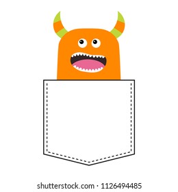 Orange screaming monster silhouette in the pocket looking up. Cute cartoon scary funny baby character T-shirt design. Eyes fang tooth. White background Happy Halloween. Flat design Vector illustration