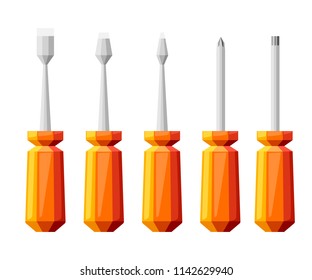 Orange screwdriver set. Screwdrivers with different attachments. Flat vector illustration isolated on white background. Colorful icon.