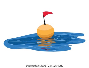 An orange sea buoy with a red flag floats on the surface of the water. Hand-drawn vector illustration of a marine landmark.