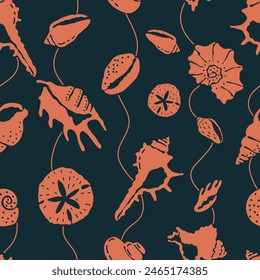 Orange sea shell illustration on dark blue background. Vector seamless pattern with hand drawn different shells and waves. Beautiful sea life tile with organic vibrant shapes. Ocean aesthetics.