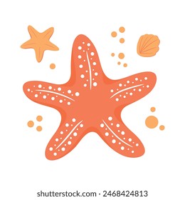 Orange sea star hand drawn cartoon style, vector illustration isolated on white background.