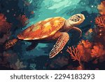 Orange sea turtle in deep blue water for world turtle day, May 23, or world ocean day, june 8,