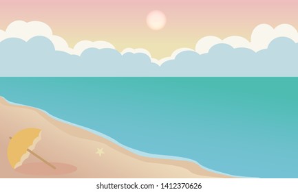 Orange sea view with umbrella on beach. Vector landscape.
