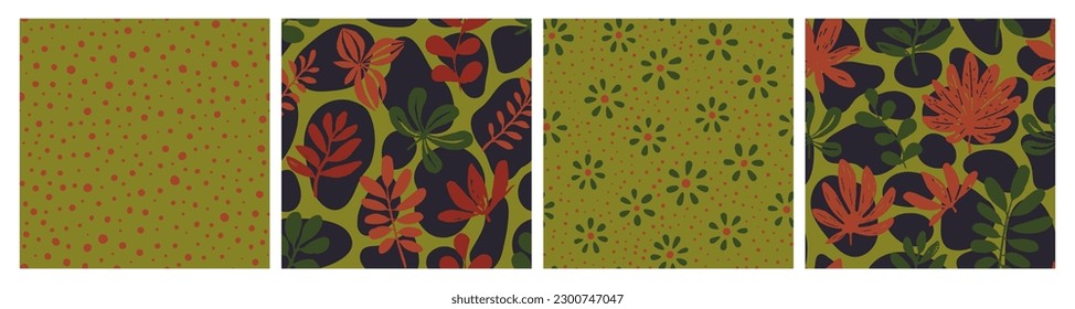 Orange Seamless Abstract Garden Scribble Backdrop. Dark Endless Doodle Jungle Artwork, Seamless Pattern. Green Seamless Color Beautiful Textile Print. 