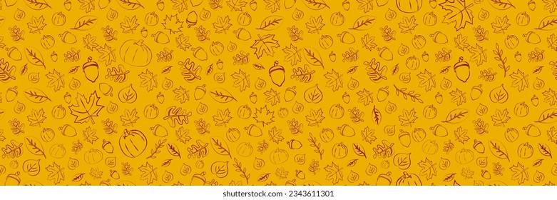 Orange Seamless Autumn pattern. Hand drawn Fall elements pumpkin, acorn, leaves, nuts, maple leaf, flowers, birch leaves. Horizontal Fall pattern. Vector Illustration. EPS 10.